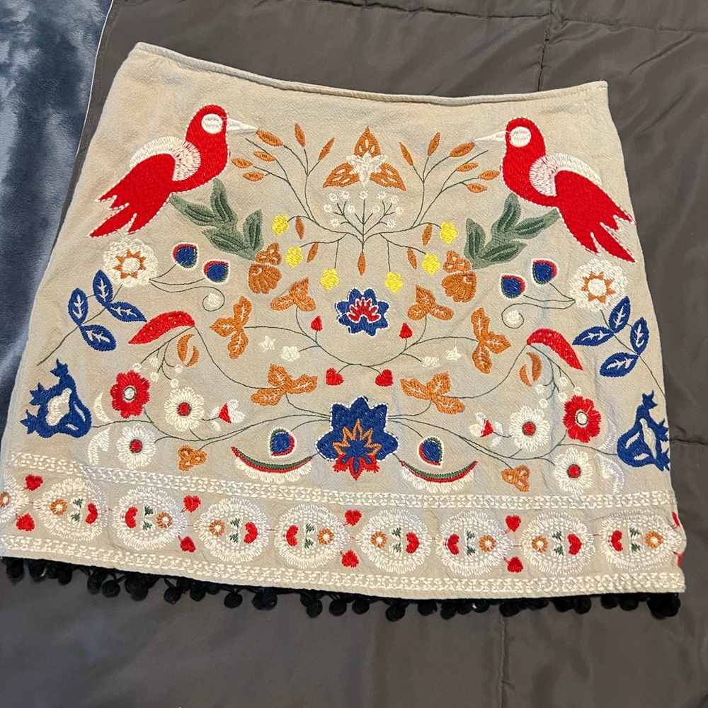 Altar'd State Colorful Embroidered Bird Pompom Trim Mini Skirt